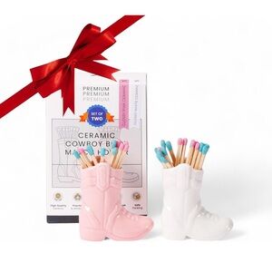 Ceramic Cowboy Boot Match Holders - Pink and White Set